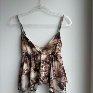 Floral V-Neck Spaghetti Strap Top - Cream & Brown